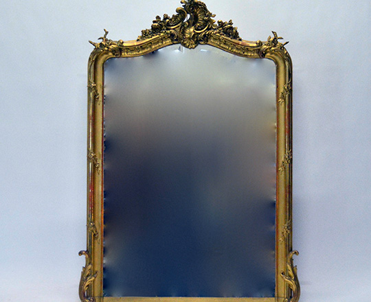Lot 103: 19th cent Louis XV gold leaf bevelled mirror. H145 x W104cm.