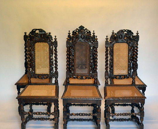 Lot 110: 19th cent six Henri ll richly carved oak caned chairs.