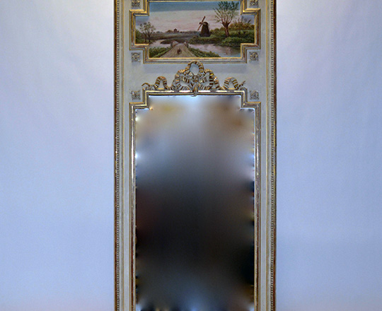 Lot 116: Ealy cent Louis XVI painted trumeau with gilt highlights and countryside landscape painting above. H193 x W88cm.