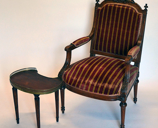Lot 135: Turn cent Louis XVI striped velour covered armchair (and small L.XVI style kidney shaped table).