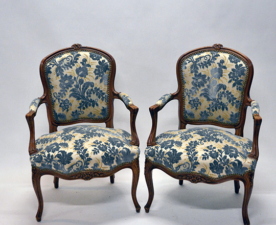 Lot 142: Pair early cent Louis XV finely carved armchairs with (struck?) velvet.