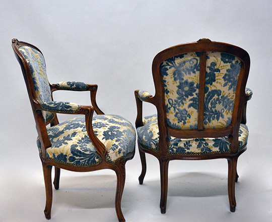 Lot 142_1: Pair early cent Louis XV finely carved armchairs with (struck?) velvet.
