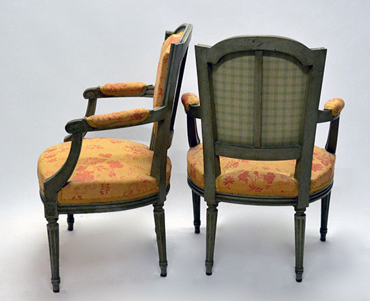 Lot 144_1: Pr 19th cent painted Louis XVI chairs covered by salmon color floral pattern tissue.