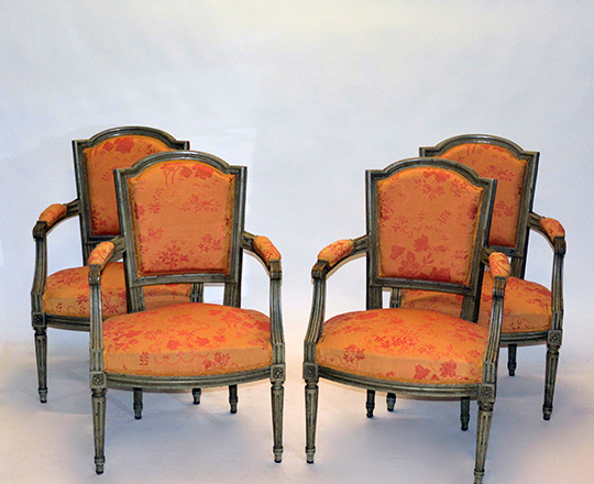 Lot 144_2: Pr 19th cent painted Louis XVI chairs covered by salmon color floral pattern tissue.