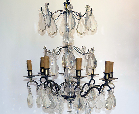 Lot 145: Early/mid cent three stages six light crystal bronze 'cage' chandelier. H65cm.