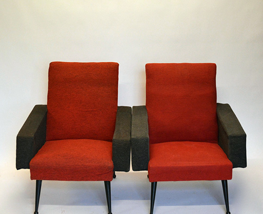 Lot 146: Pair vintage Italian? Armchairs upholstered in red & black.