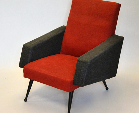 Lot 146_1: Pair vintage Italian? Armchairs upholstered in red & black.