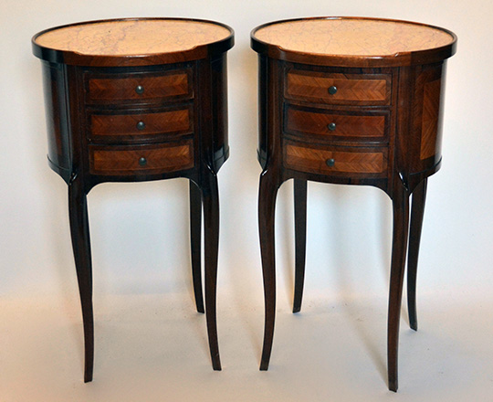 Lot 154: Turn cent Louis XV / XVI Transition three drawer, marble top rosewood and mahogany? oval side tables.