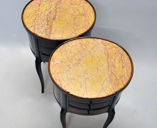 Lot 154_1: Turn cent Louis XV / XVI Transition three drawer, marble top rosewood and mahogany? oval side tables.