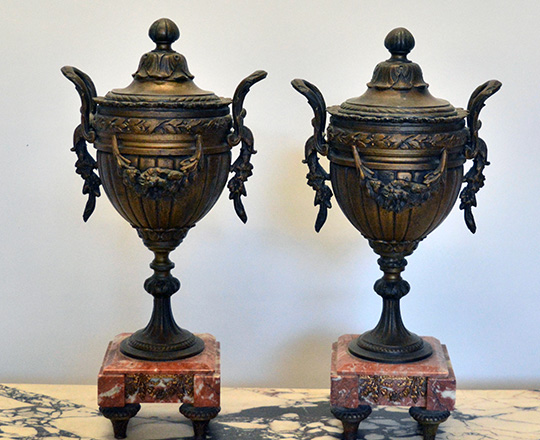 Lot 159_2: 19th c bronze wash spelter clock garniture of two puttis by fountain (of youth?) H41cm and lidded vases H39cm