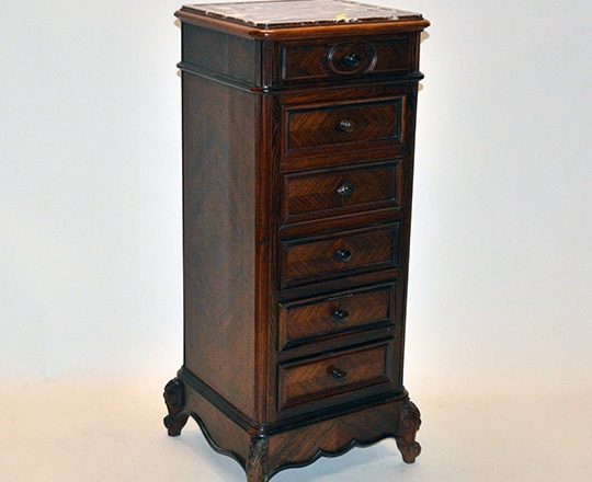 Lot 162: 19th cent Louis XV marble top 'faux chiffonier'. H92xW38xD36cm.