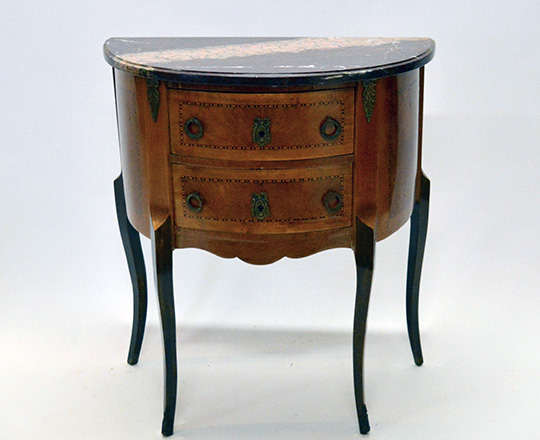 Lot 176: Early cent Louis XV two drawer, marble top 'Demi-lune' commode. H72xW66xD35cm.