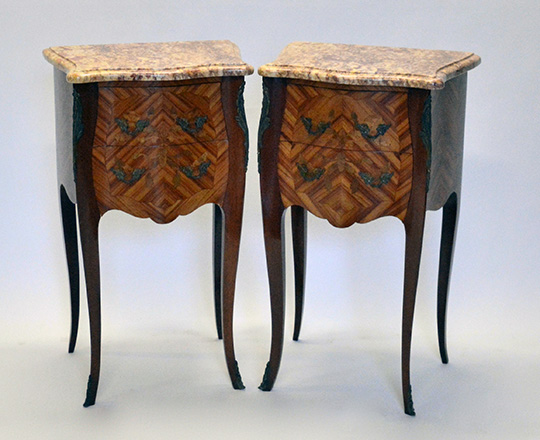 Lot 177: Pair Louis XV style two drawer, marble top side tables.