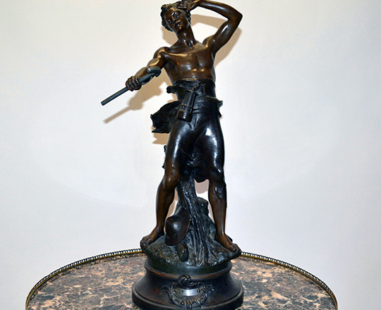 Lot 192: Large turn cent bronze wash spelter statue of man. B.G. Germain. H 64cm.
