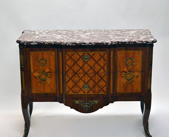 Lot 195: Elegant Louis XV / XVI Transition two drawer, marble top fine marquetry commode with musical attributes. H85,5xW111xD54cm.
