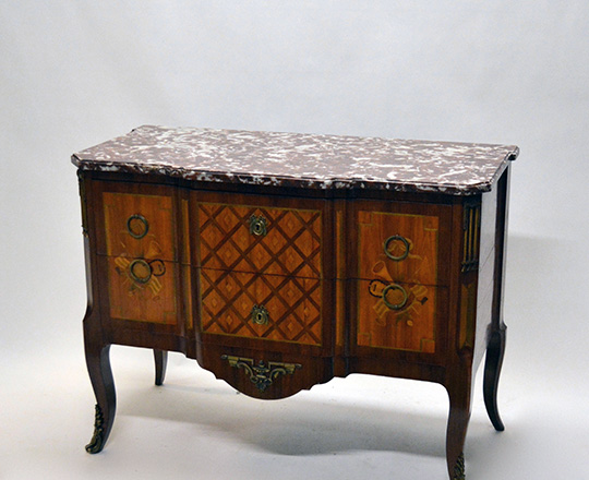 Lot 195_1: Elegant Louis XV / XVI Transition two drawer, marble top fine marquetry commode with musical attributes. H85,5xW111xD54cm.