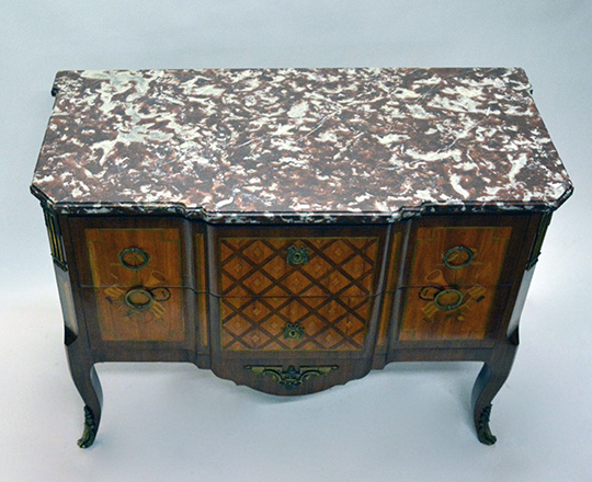 Lot 195_2: Elegant Louis XV / XVI Transition two drawer, marble top fine marquetry commode with musical attributes. H85,5xW111xD54cm.