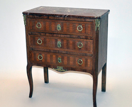 Lot 204: Early cent Louis XVl / XV (Transition) three drawer, marble top commode.H80xW68xD37cm.