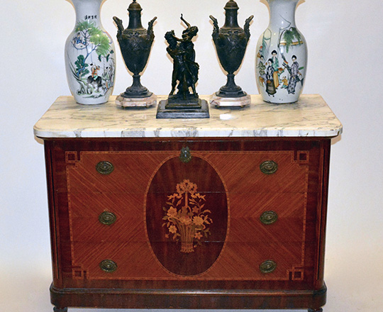 Lot 205_1: Late 19th cent Louis XVI three drawer, marble top commode with floral marquetry center medallion. H86xW112xD55cm.