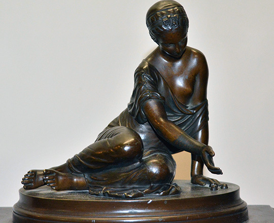 Lot 217_2: 19th c Nap.lll black marble mantle clock with bronze statue of kneeling girl with ball game. H39xW36cm.