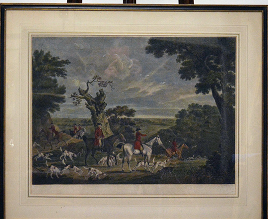 Lot 22: 19th cent English? ccolor ingraving of hunting scene. H65xW79cm.