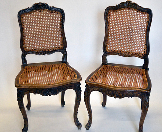 Lot 25: Pair 19th cent Louis XV caned seat and back chairs.