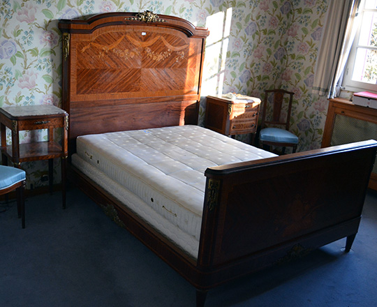 Lot 272: Turn cent Louis XVI double bed with fine marquetry and gilt bronze ornaments.