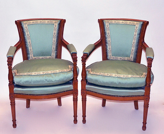 Lot 320: Pair Directoire style armchairs covered in green pastel silk(?)