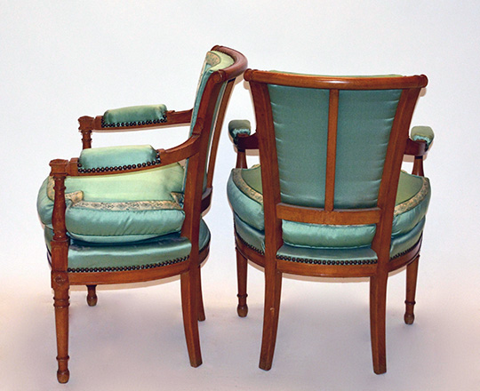 Lot 320_1: Pair Directoire style armchairs covered in green pastel silk(?)