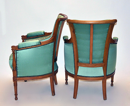 Lot 321_1: Pair Directoire style bergeres covered in green pastel silk(?)