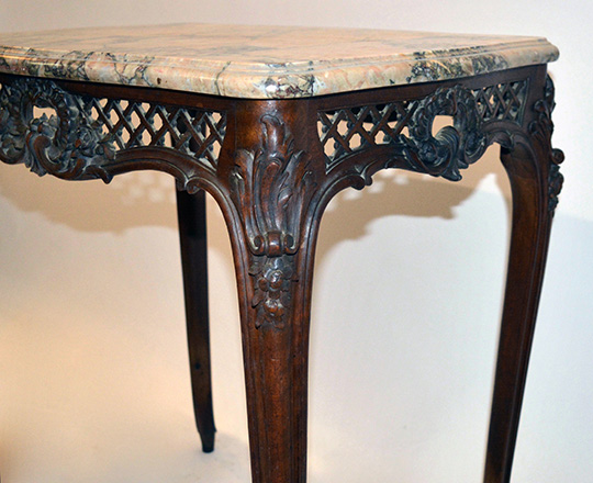 Lot 323_2: 19th cent very finely carved Louis XV violin shaped marble top walnut table. H73xW67xD47cm.