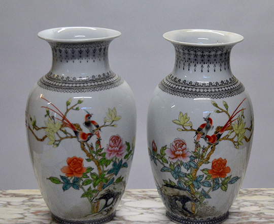 Lot 331: Pair 20th cent Chinese porcelaine vases with floral, animal and calligraph decor. H 32cm.