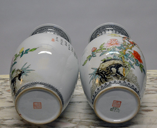 Lot 331_2: Pair 20th cent Chinese porcelaine vases with floral, animal and calligraph decor. H 32cm.