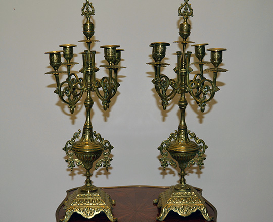 Lot 346_1: 19th c gilt bronze three piece Louis XIV clock garniture sided by pair five light candelabras.