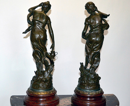 Lot 347_2: Two large turn cent, bronze wash spelter female statues; ''La liberte'' & ''La surprise''. H 57cm.