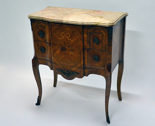 Lot 355_1: Louis XV / XVI Tansition two drawer, marble top marquetry commode. H80xW72xD38cm.