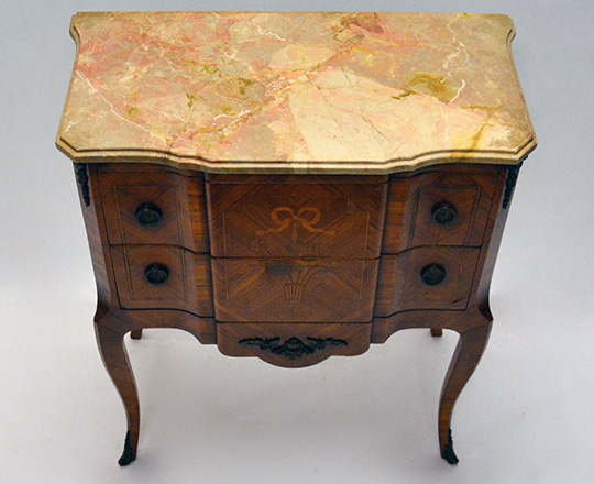 Lot 355_2: Louis XV / XVI Tansition two drawer, marble top marquetry commode. H80xW72xD38cm.