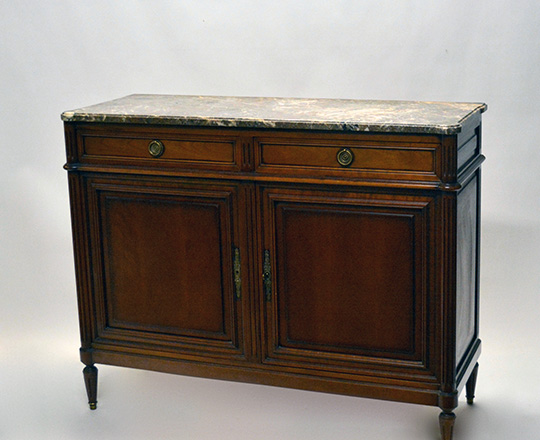 Lot 360: Louis XVI style two door, two drawer marble top buffet. H105xW133xD49cm.