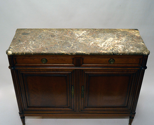 Lot 360_1: Louis XVI style two door, two drawer marble top buffet. H105xW133xD49cm.