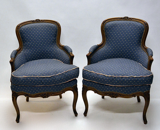 Lot 362: Pair finely carved 19th cent Louis XV blue covered bergeres.