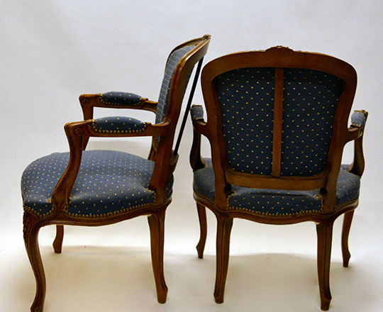 Lot 363_1: Pair finely carved 19th cent Louis XV blue covered armchairs.