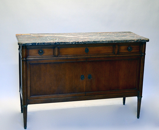 Lot 366: Louis XVI style two door, three drawer marble top buffet. H90xW136xD50cm.