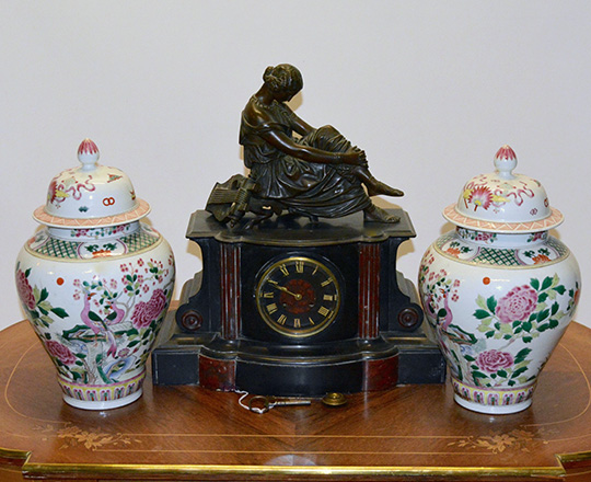 Lot 388_2: Pair early?cent lidded Chinese Rose family vases with floral and animal scenes. H37cm. (knob rep.)