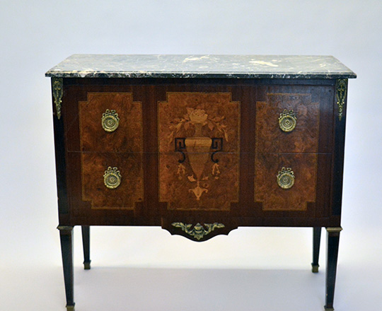 Lot 408_1: Early cent Louis XVI two drawer, marble top fine marquetry commore.H85xW97xD42cm.
