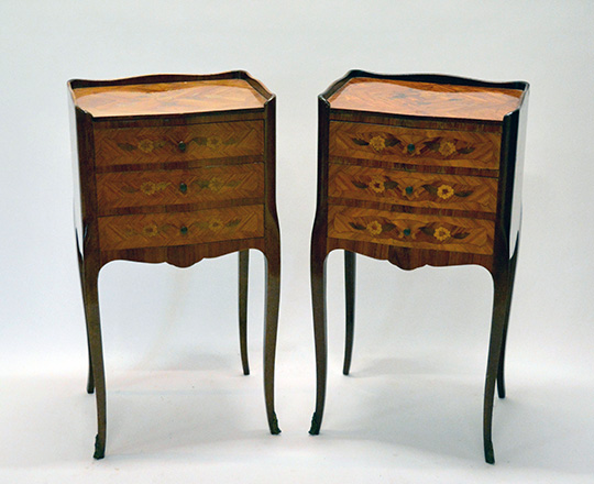 Lot 41: Two mid cent Louis XV three drawer marquetry side tables.
