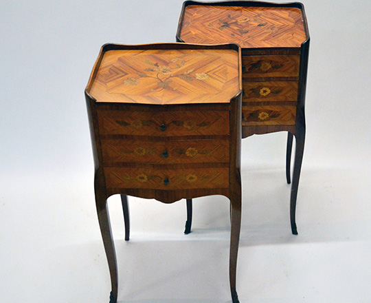 Lot 41_1: Two mid cent Louis XV three drawer marquetry side tables.