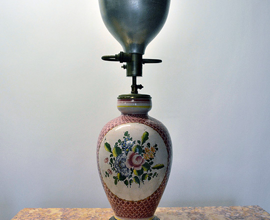 Lot 44: Early cent flower decorated vase / lamp on a patinated brass base. H35cm (vase)