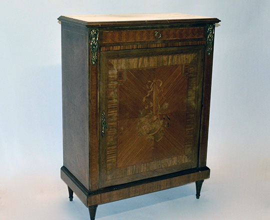 Lot 47: 19th cent Louis XVI single door / drawer marble top 'Buffet' with fine marquetry. H108xW80xD39cm.