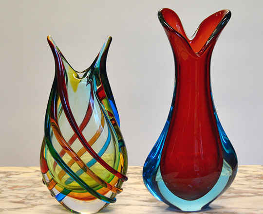 Lot 481: Two colorful Murano hand made glass vases. H 34,5 & H30cm.