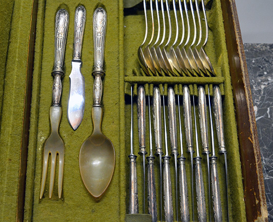 Lot 508_1: Turn cent Louis XVI silver plated dinner set in original three shelf case.